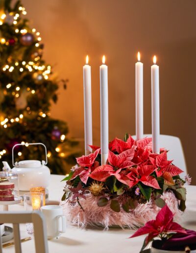 Stilvolle Tischdeko mit Poinsettia und Kerzen